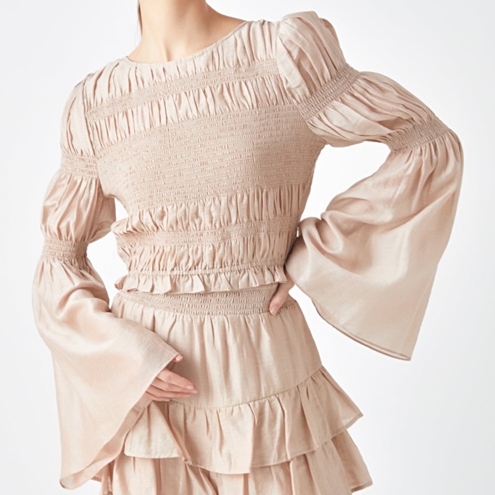 Endless Rose Smocked Bell Sleeve Crop Top Linen Blend NWT women size M